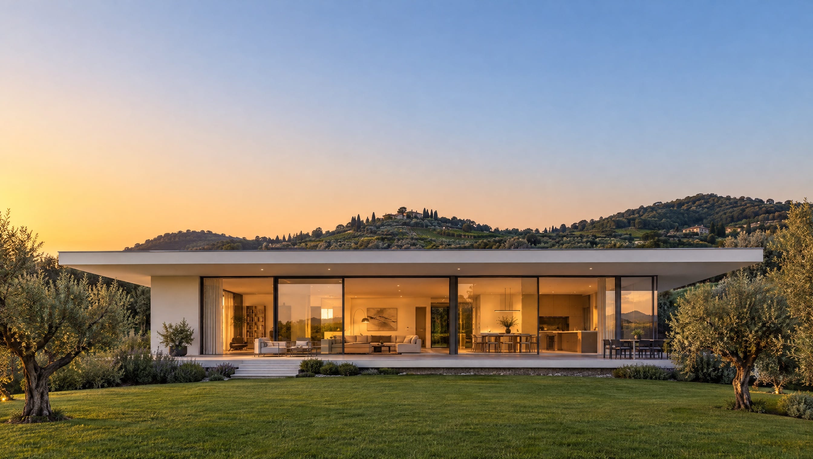 Villa contemporanea con grandi vetrate al tramonto, tra le colline venete
