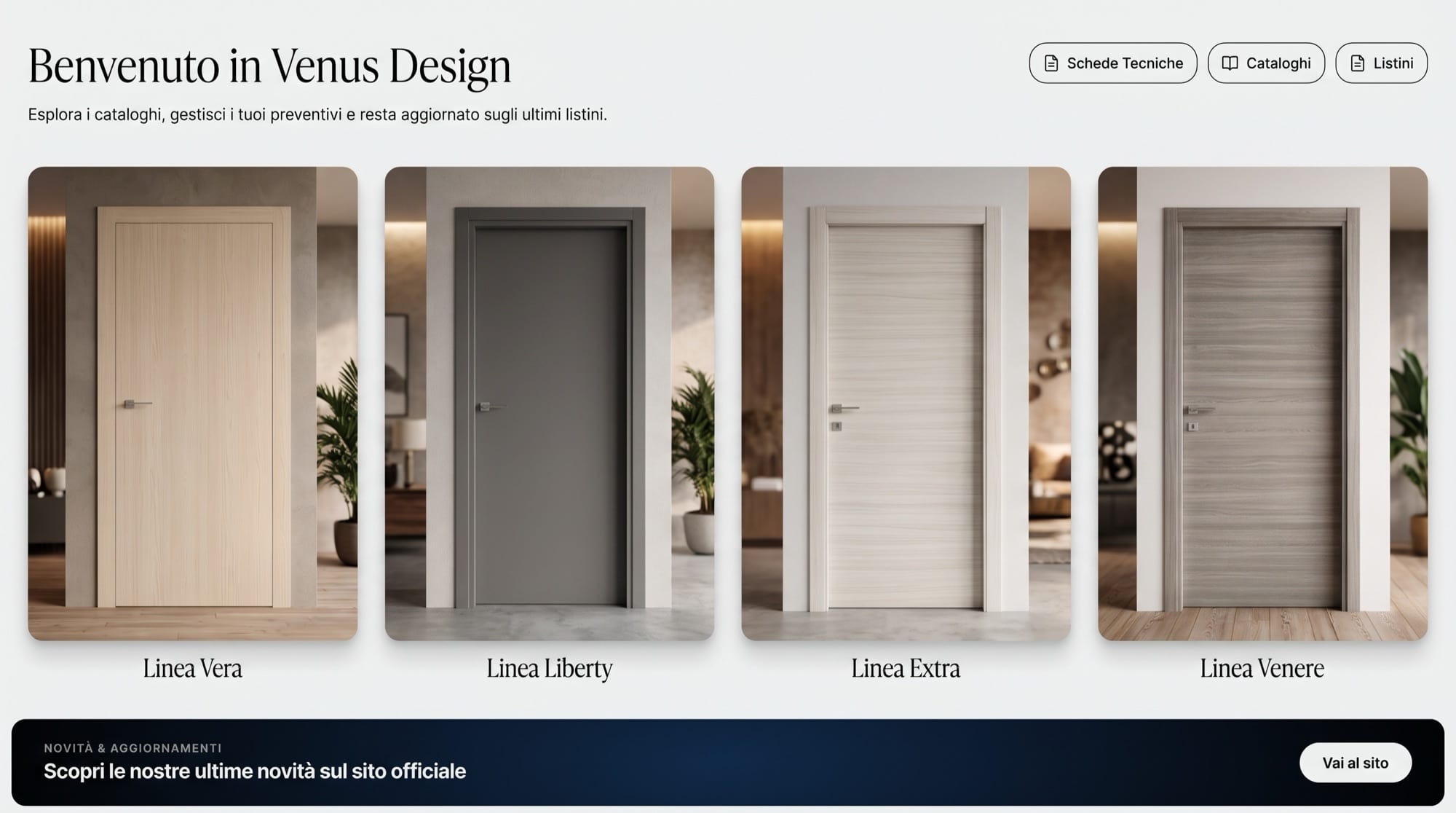 Portale B2B di un produttore di porte interne: home con le linee del catalogo