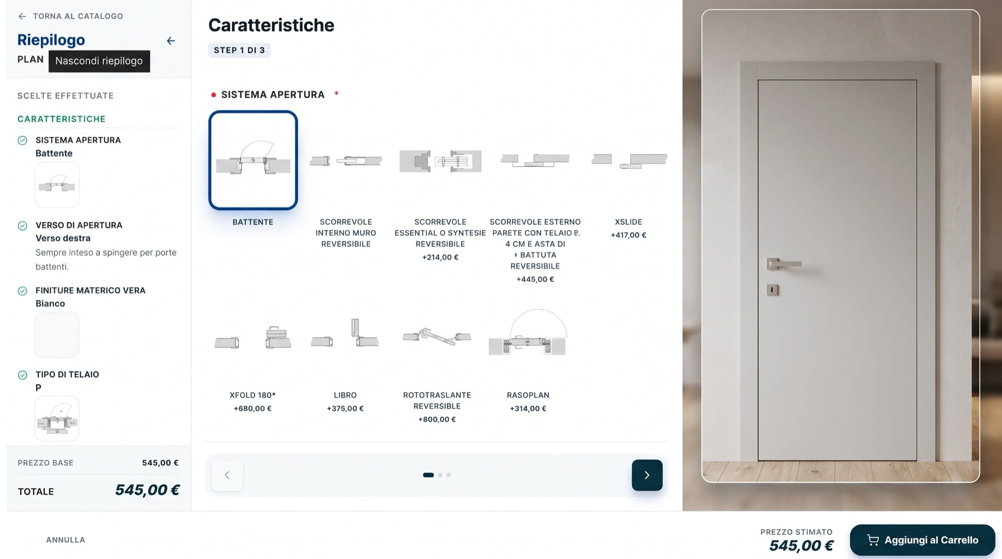 Configurazione di una porta interna: sistema di apertura, riepilogo delle scelte e prezzo