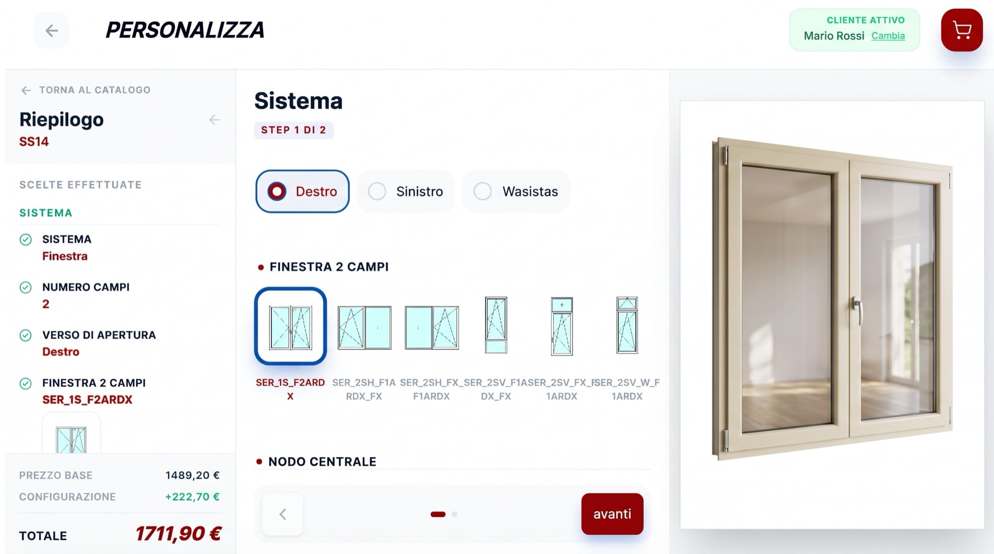 Configurazione di una finestra a due ante: sistema, riepilogo e prezzo totale