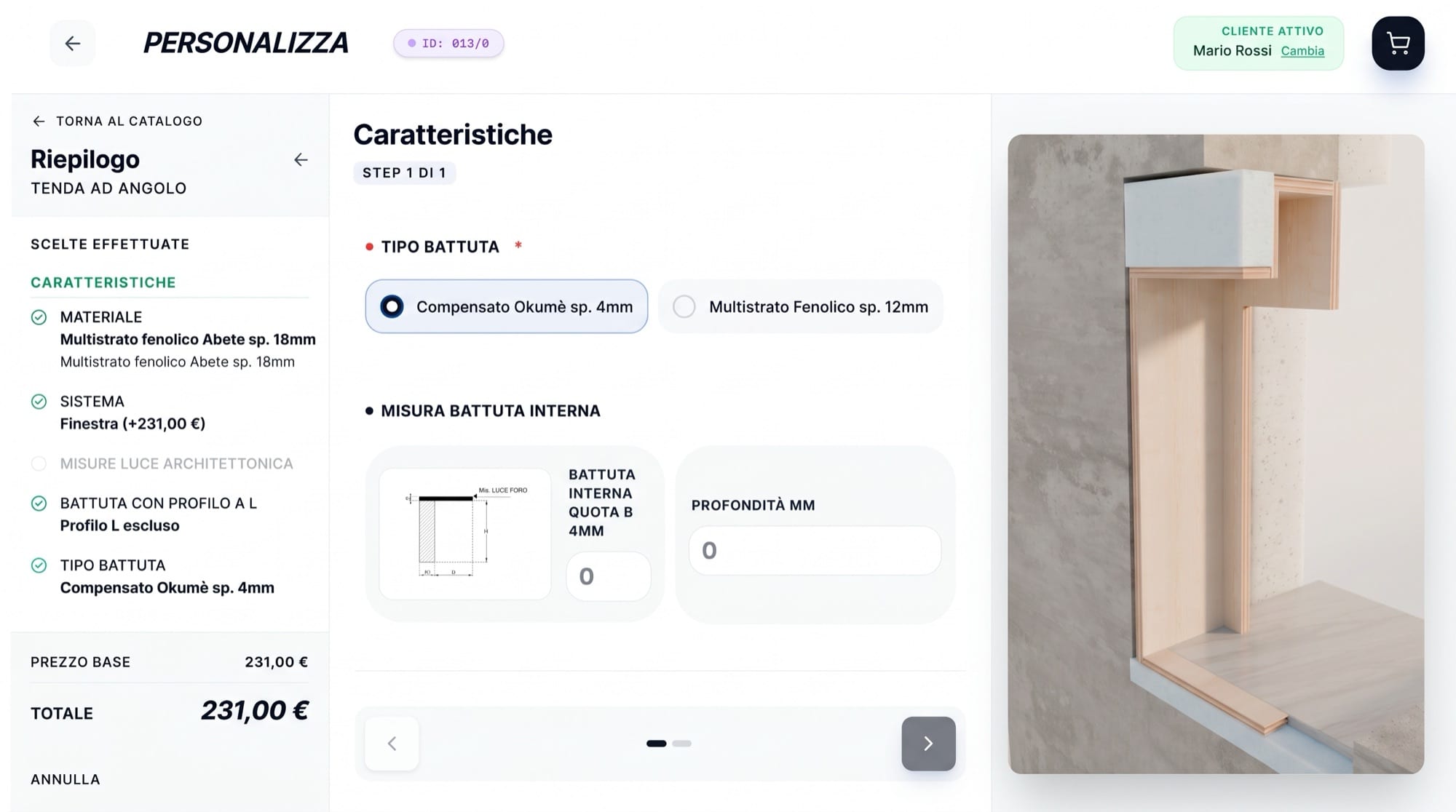 Configurazione di un controtelaio per tende ad angolo: battuta e misure