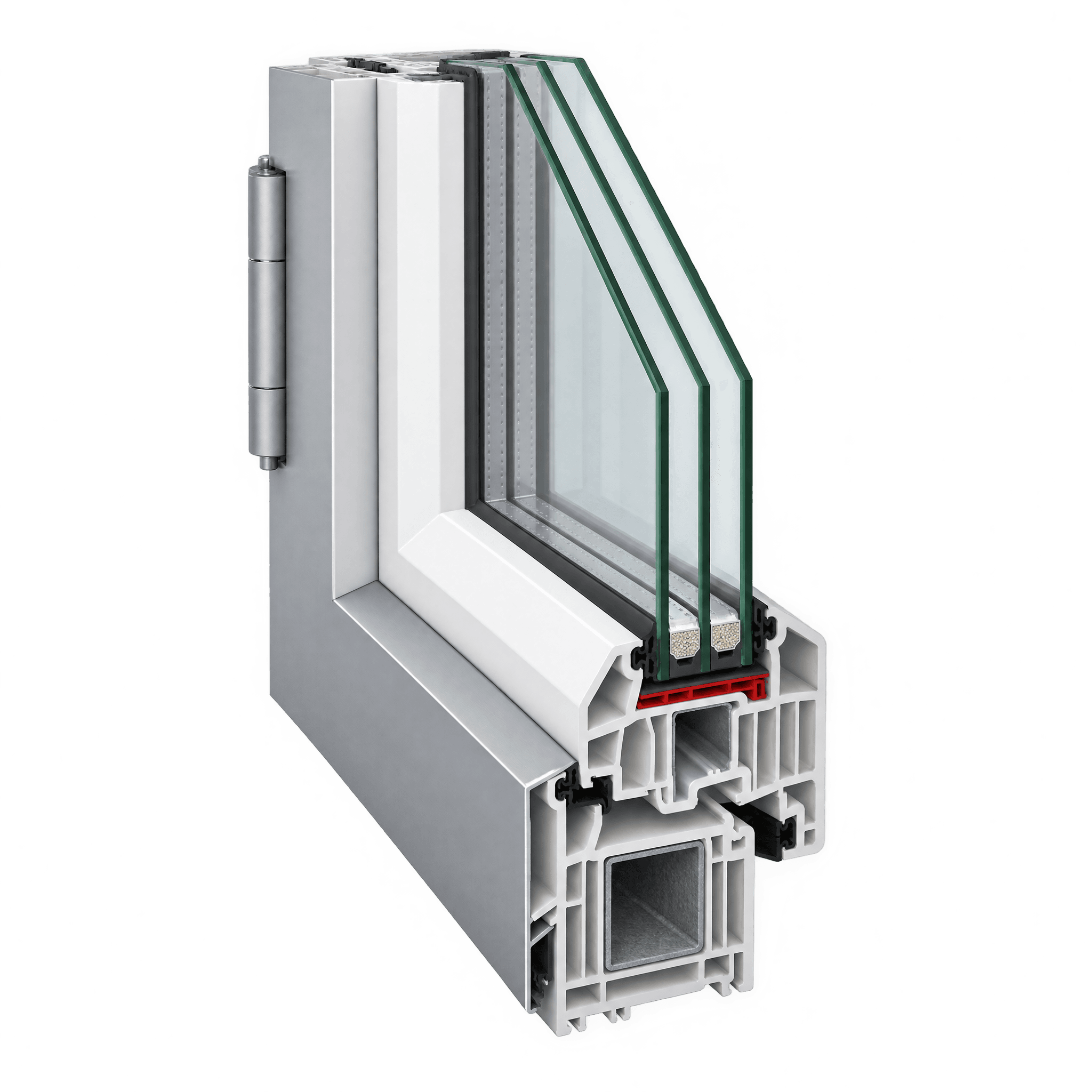 Spaccato di un profilo di finestra in PVC e alluminio con triplo vetro, guarnizioni e cerniera