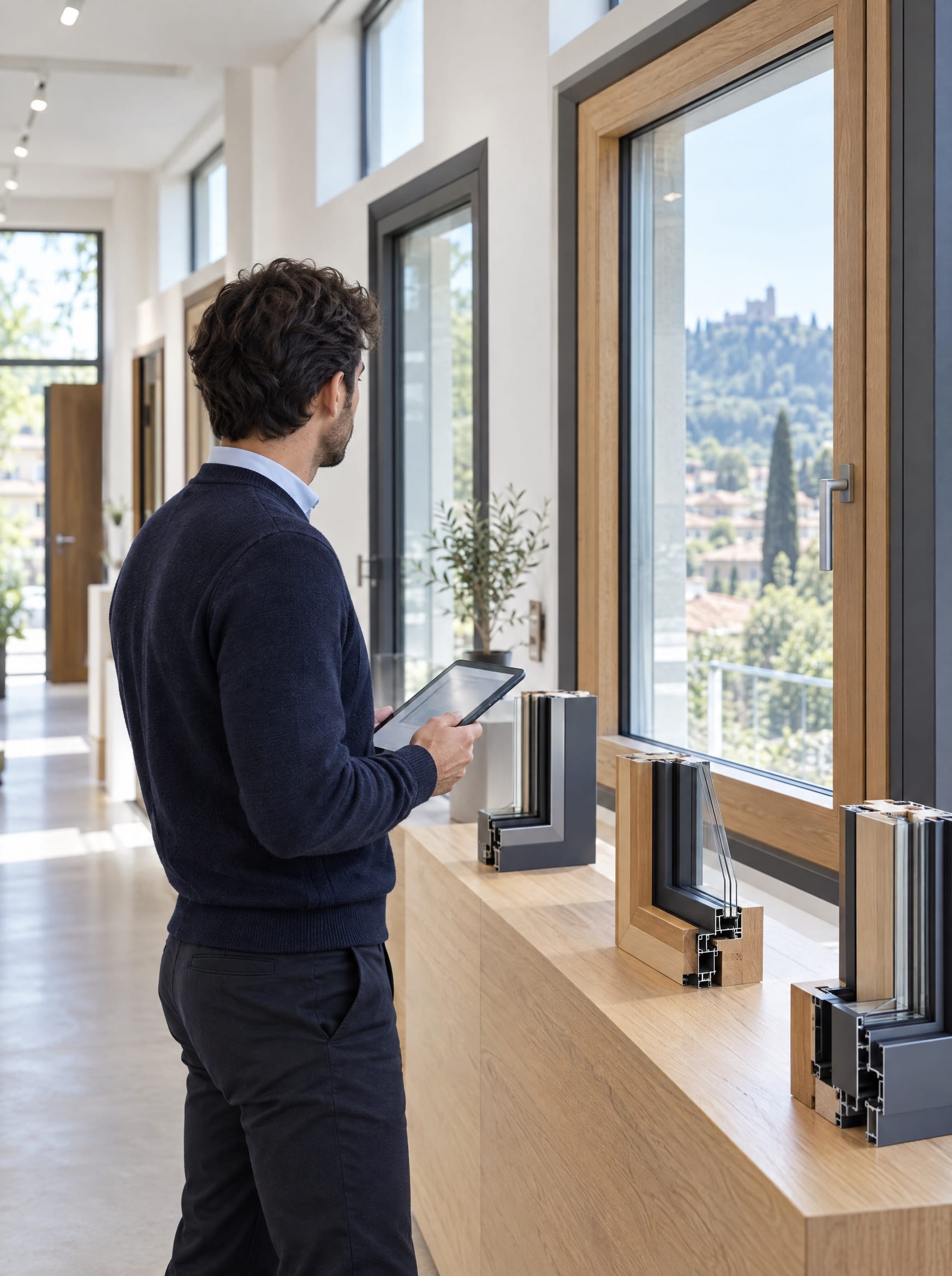 Consulente in uno showroom di serramenti con un tablet, accanto ai campioni di profilo